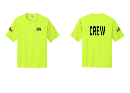 NYC Factory Crew Performance T-Shirt for Event Staff & Production Teams (Classic) - Chest + Back + US Flag Sleeve - Neon Yellow