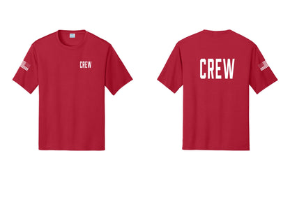 NYC Factory Crew Performance T-Shirt for Event Staff & Production Teams (Classic) - Chest + Back + US Flag Sleeve - Red