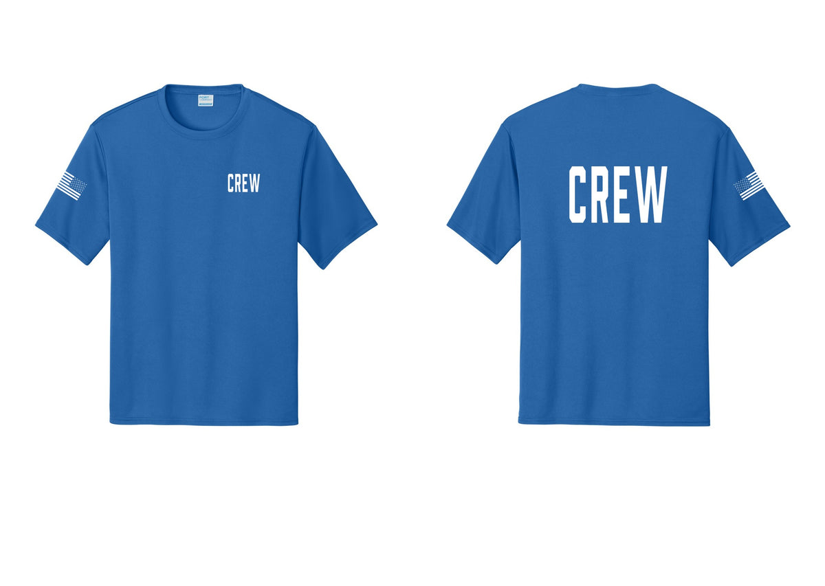 NYC Factory Crew Performance T-Shirt for Event Staff & Production Teams (Classic) - Chest + Back + US Flag Sleeve - Royal