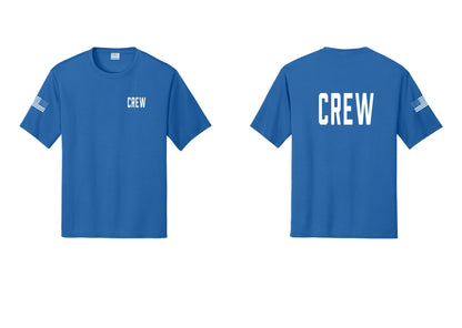 NYC Factory Crew Performance T-Shirt for Event Staff & Production Teams (Classic) - Chest + Back + US Flag Sleeve - Royal