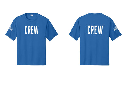 NYC Factory Crew Performance T-Shirt for Event Staff & Production Teams (Classic) - Front + Back + US Flag Sleeve - Royal
