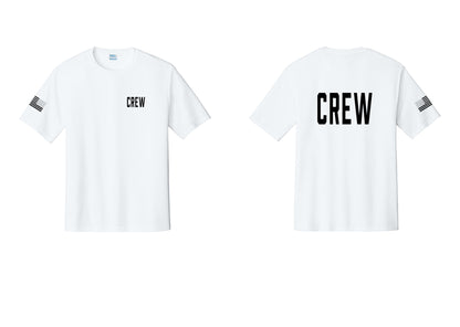 NYC Factory Crew Performance T-Shirt for Event Staff & Production Teams (Classic) - Chest + Back + US Flag Sleeve - White