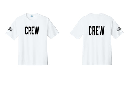 NYC Factory Crew Performance T-Shirt for Event Staff & Production Teams (Classic) - Front + Back + US Flag Sleeve - White