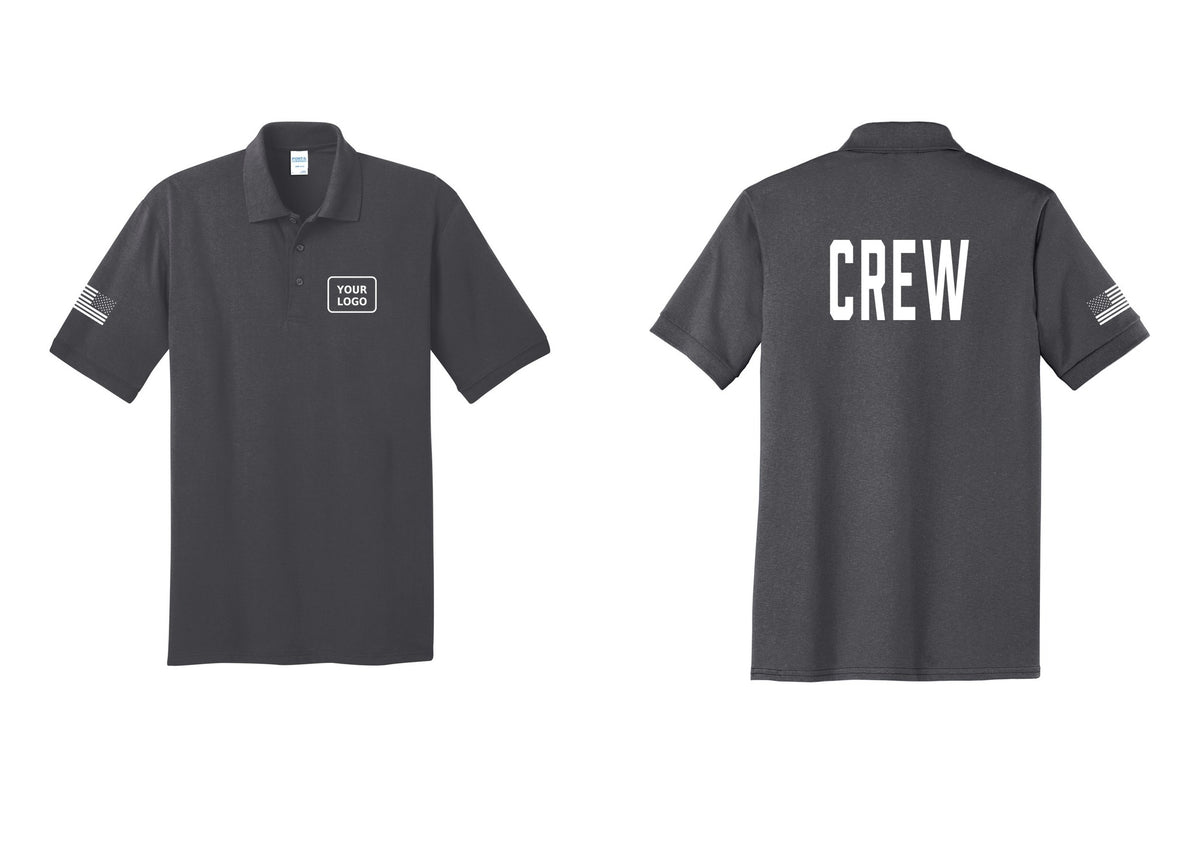 NYC Factory Custom Work Crew Uniform Polo Shirt with Your Logo (Classic) - Your Logo + Back + US Flag Sleeve - Charcoal