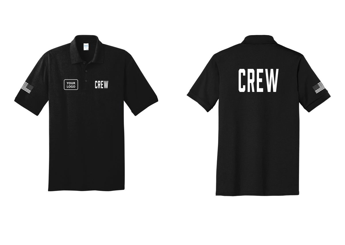 NYC Factory Custom Work Crew Uniform Polo Shirt with Your Logo (Classic) - CREW + Your Logo + Back + US Flag Sleeve - Black