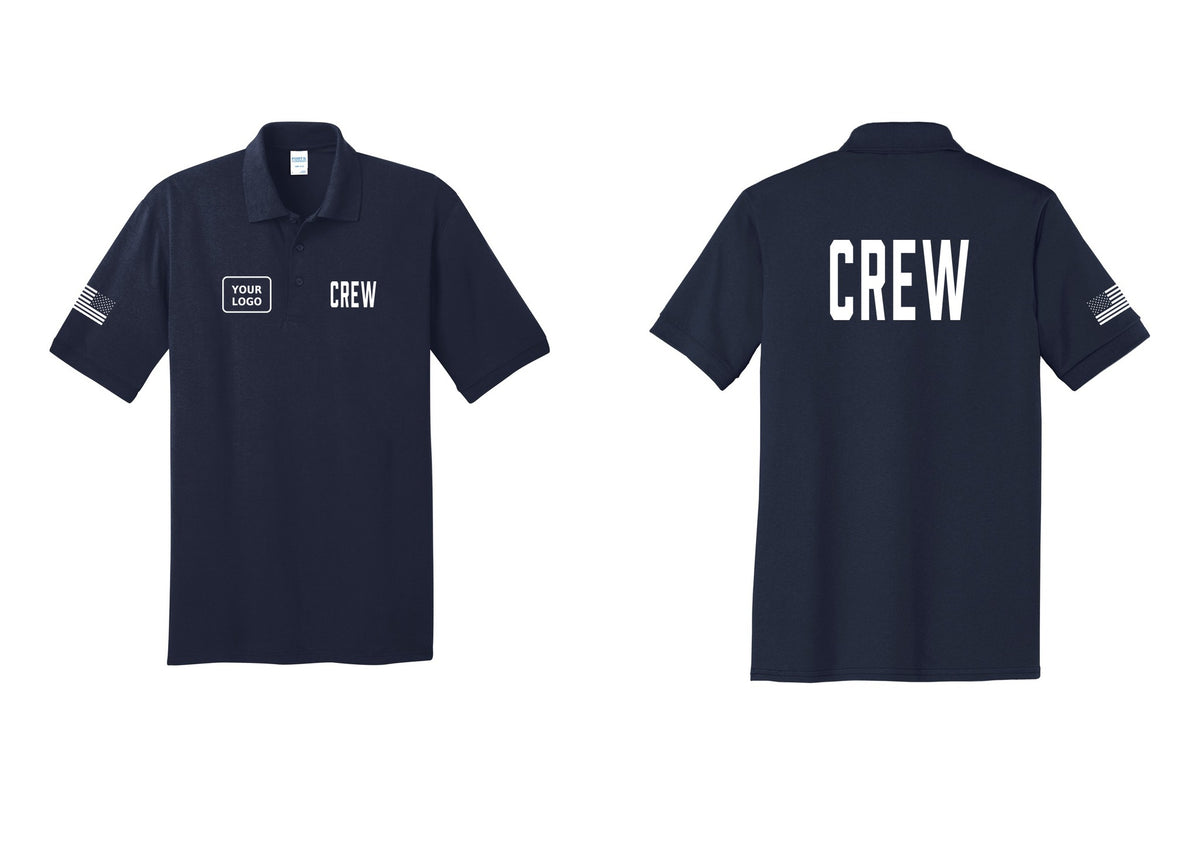 NYC Factory Custom Work Crew Uniform Polo Shirt with Your Logo (Classic) - CREW + Your Logo + Back + US Flag Sleeve - Navy