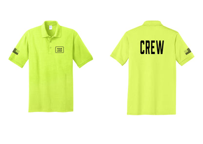NYC Factory Custom Work Crew Uniform Polo Shirt with Your Logo (Classic) - Your Logo + Back + US Flag Sleeve - Safety Green