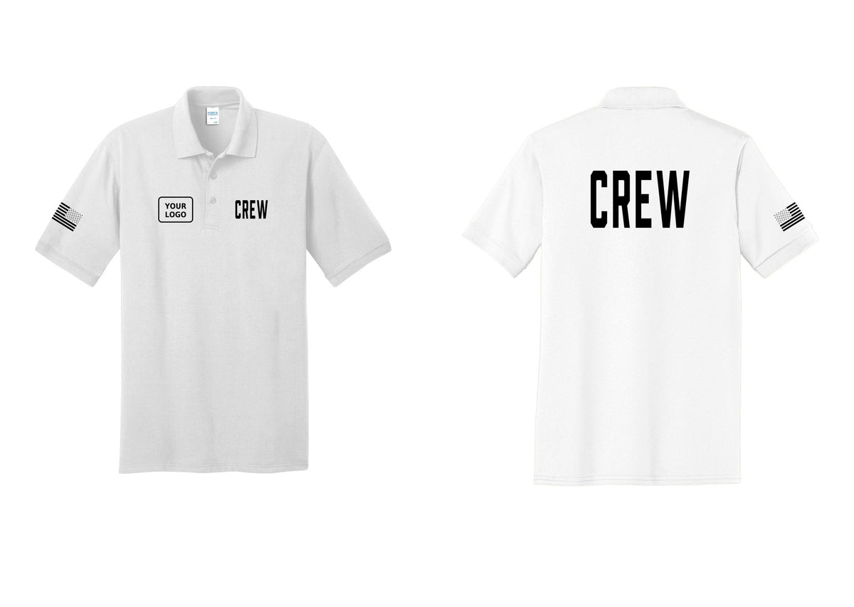 NYC Factory Custom Work Crew Uniform Polo Shirt with Your Logo (Classic) - CREW + Your Logo + Back + US Flag Sleeve - White
