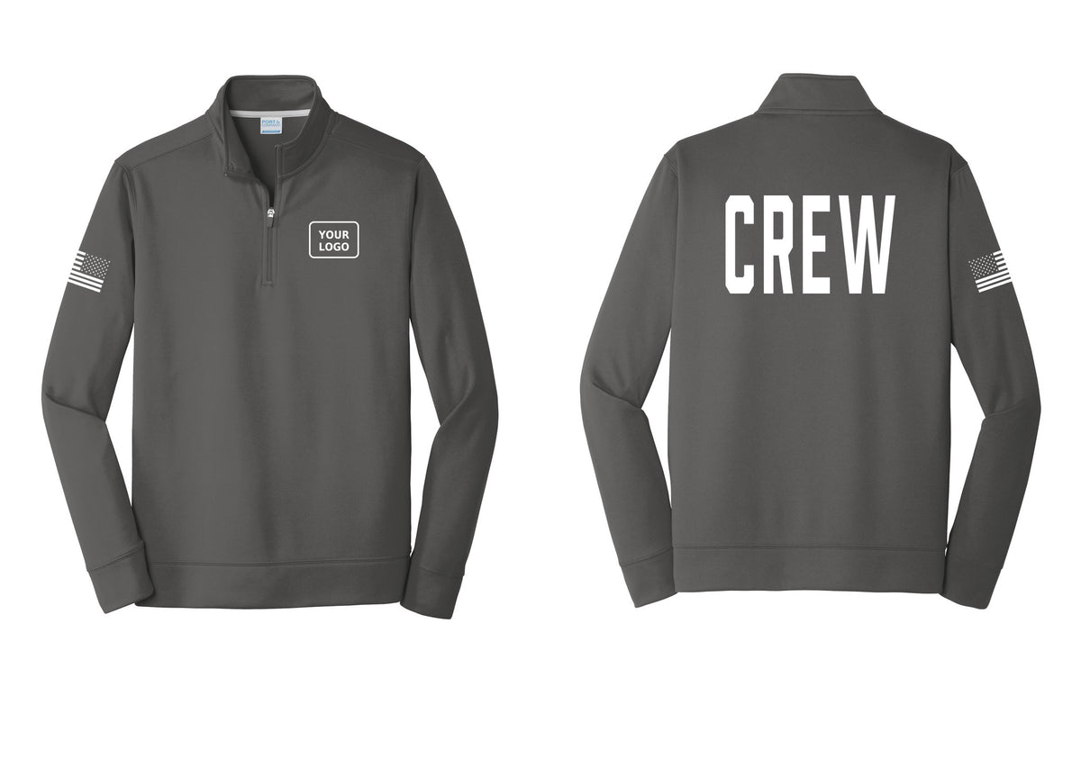 NYC Factory Custom Work Crew Uniform Performance Fleece 1/4-Zip Pullover Sweatshirt with Your Logo (Classic) - Your Logo + Back + US Flag Sleeve - Charcoal