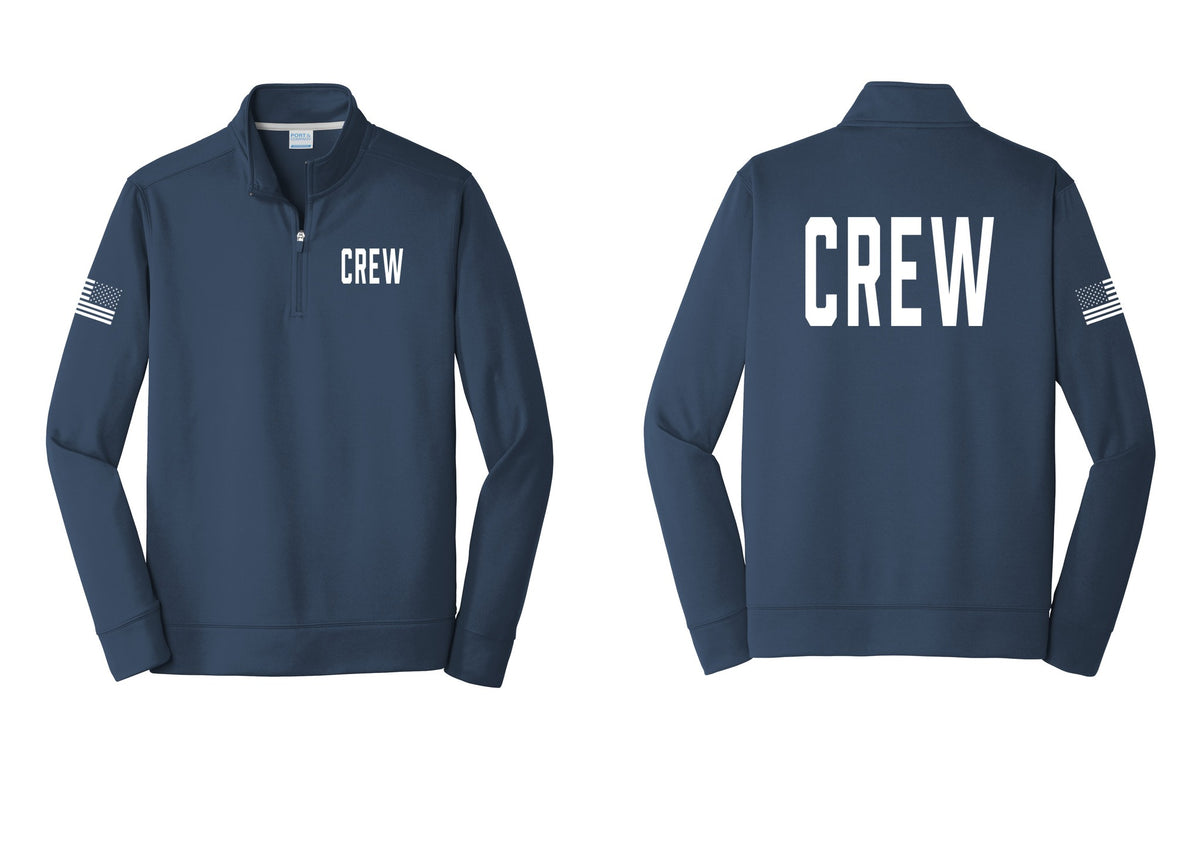 NYC Factory Crew Performance Fleece 1/4-Zip Pullover Sweatshirt for Event Staff & Production Teams (Classic) - Chest + Back + US Flag Sleeve - Navy