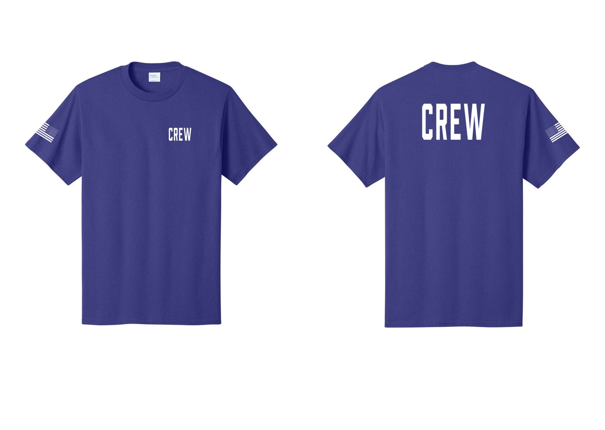 NYC Factory Crew T-Shirt, Condensed Lettering - Chest + Back + US Flag Sleeve - Purple