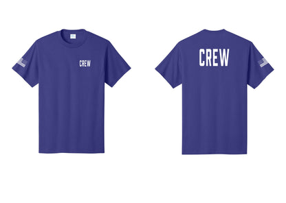 NYC Factory Crew T-Shirt, Condensed Lettering - Chest + Back + US Flag Sleeve - Purple