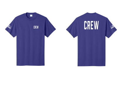 NYC Factory Crew T-Shirt for Event Staff & Production Teams (Classic) - Chest + Back + US Flag Sleeve - Purple