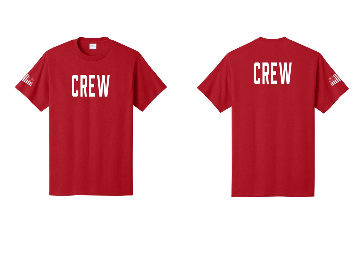 NYC Factory Crew T-Shirt, Condensed Lettering - Front + Back + US Flag Sleeve - Red