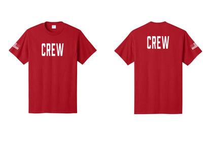 NYC Factory Crew T-Shirt, Condensed Lettering - Front + Back + US Flag Sleeve - Red