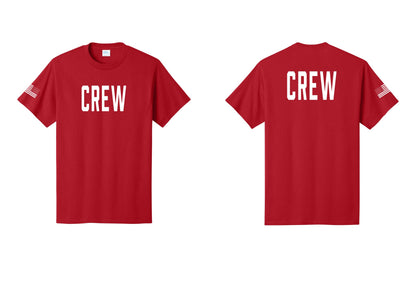 NYC Factory Crew T-Shirt for Event Staff & Production Teams (Classic) - Front + Back + US Flag Sleeve - Red