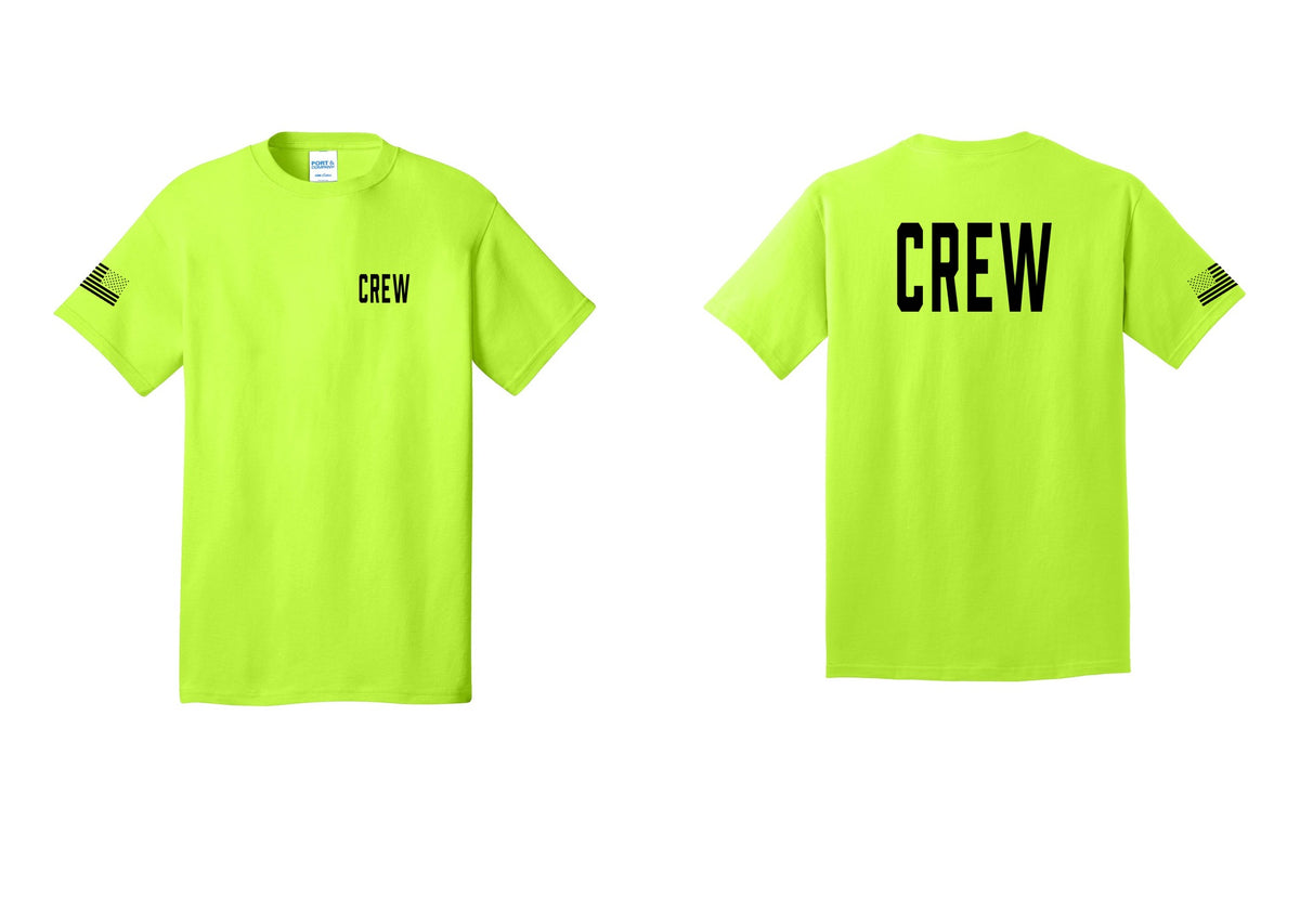NYC Factory Crew T-Shirt for Event Staff & Production Teams (Classic) - Chest + Back + US Flag Sleeve - Safety Green