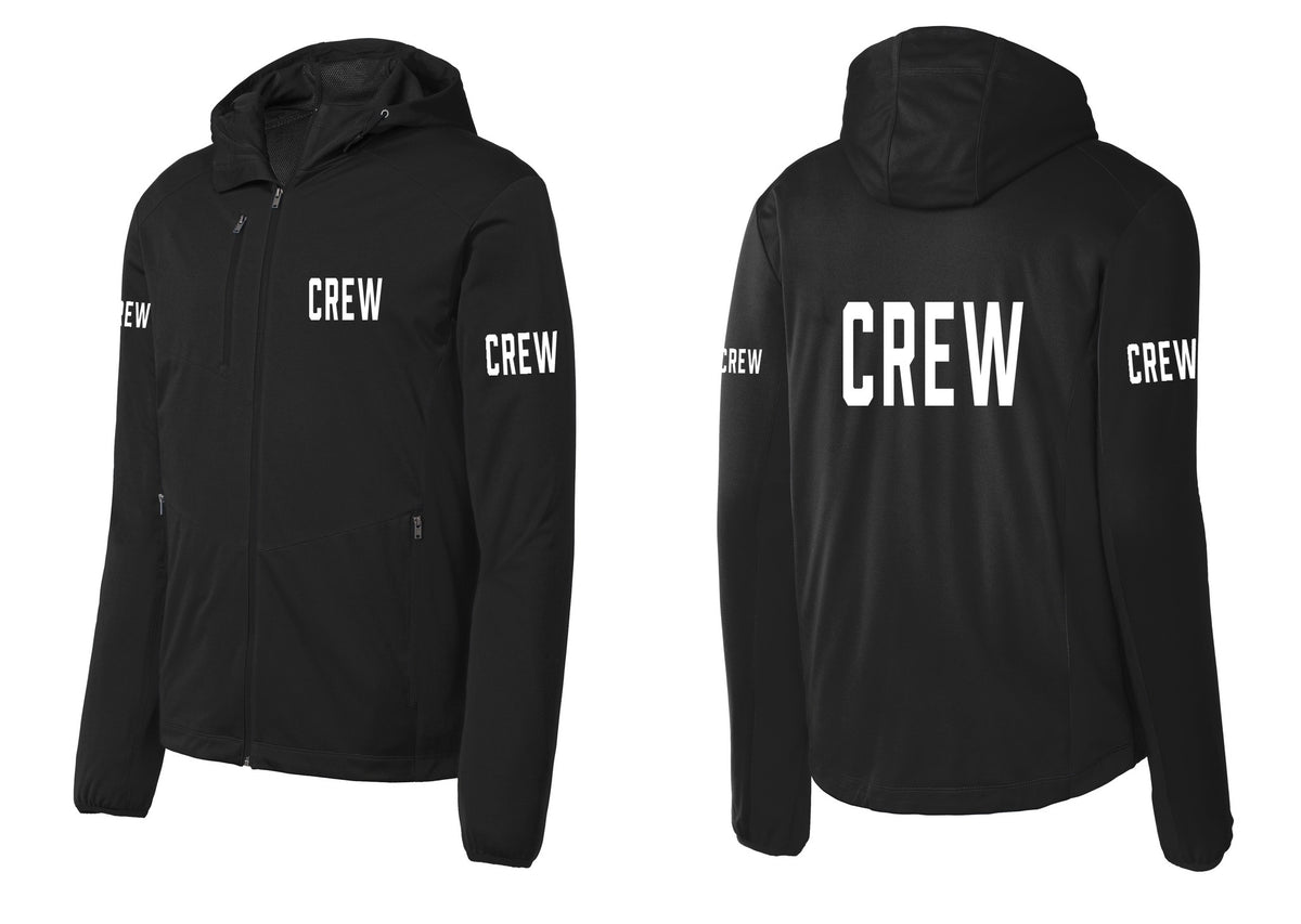 NYC Factory Crew Soft Shell Hooded Jacket for Event Staff & Production Teams (Classic) - Chest + Back + Crew Sleeves - Deep Black