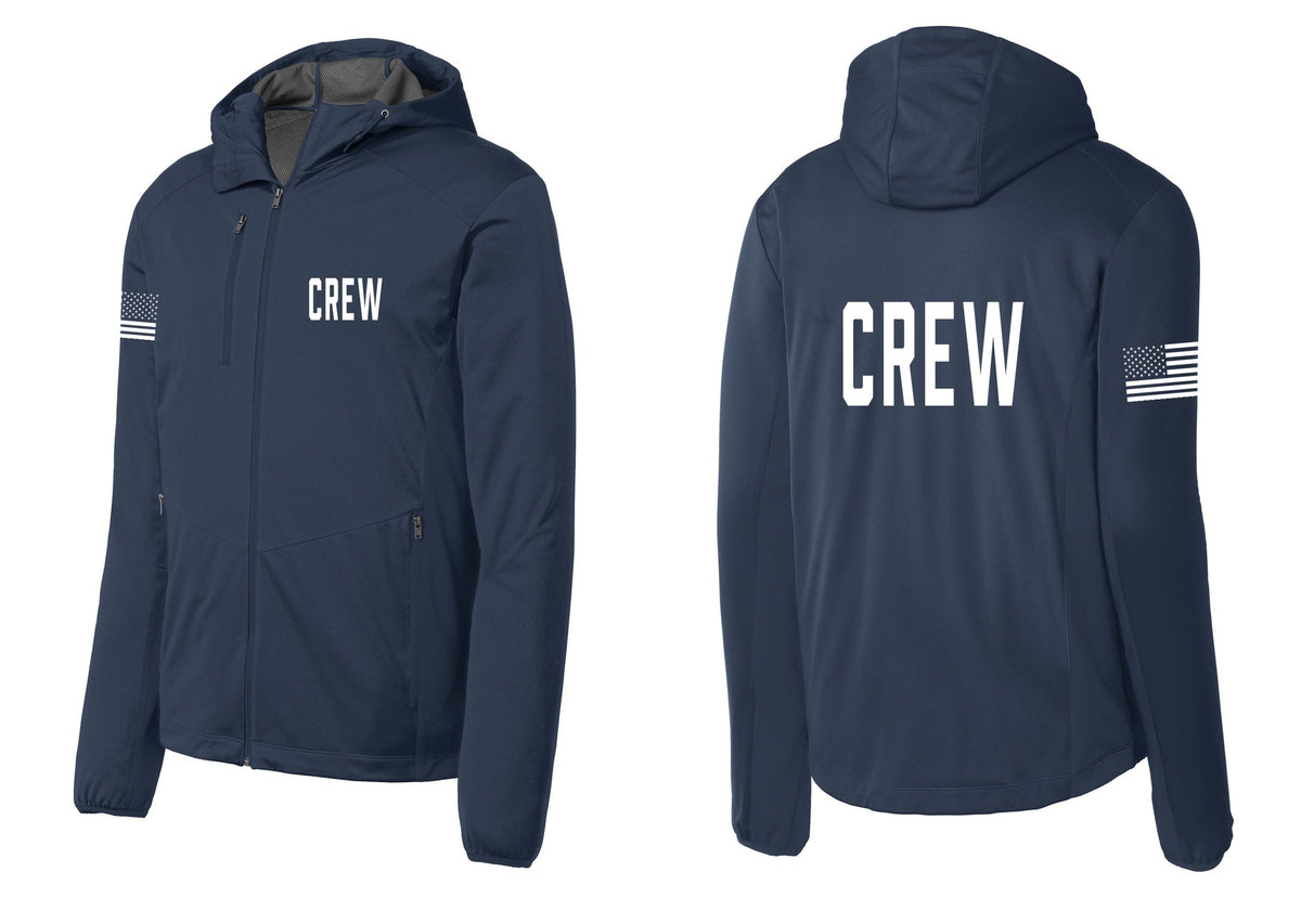 NYC Factory Crew Soft Shell Hooded Jacket for Event Staff & Production Teams (Classic) - Chest + Back + US Flag Sleeve - Dress Blue Navy