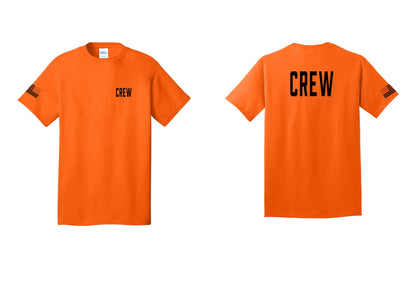 NYC Factory Crew T-Shirt, Condensed Lettering - Chest + Back + US Flag Sleeve - Safety Orange