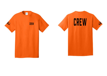 NYC Factory Crew T-Shirt for Event Staff & Production Teams (Classic) - Chest + Back + US Flag Sleeve - Safety Orange