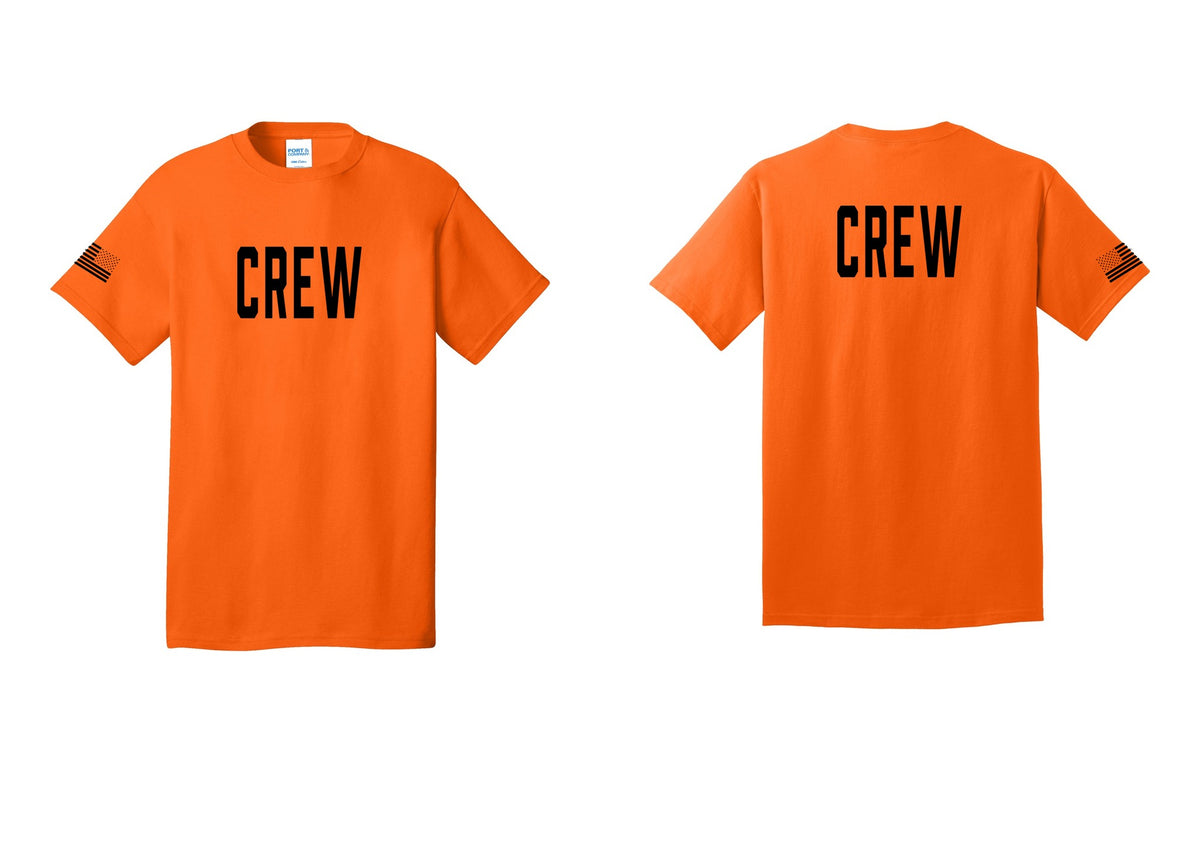 NYC Factory Crew T-Shirt, Condensed Lettering - Front + Back + US Flag Sleeve - Safety Orange