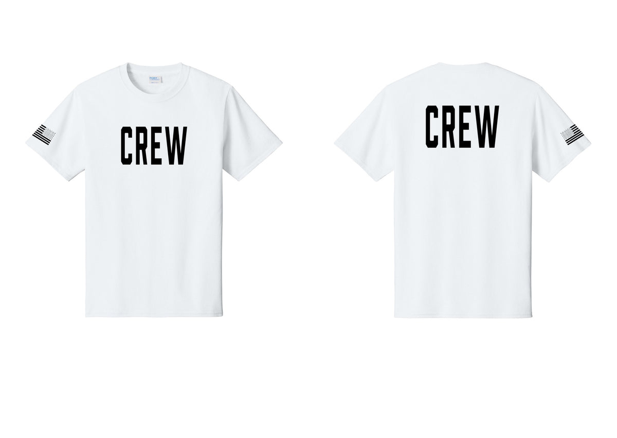 NYC Factory Crew T-Shirt for Event Staff & Production Teams (Classic) - Front + Back + US Flag Sleeve - White