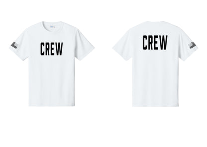 NYC Factory Crew T-Shirt for Event Staff & Production Teams (Classic) - Front + Back + US Flag Sleeve - White
