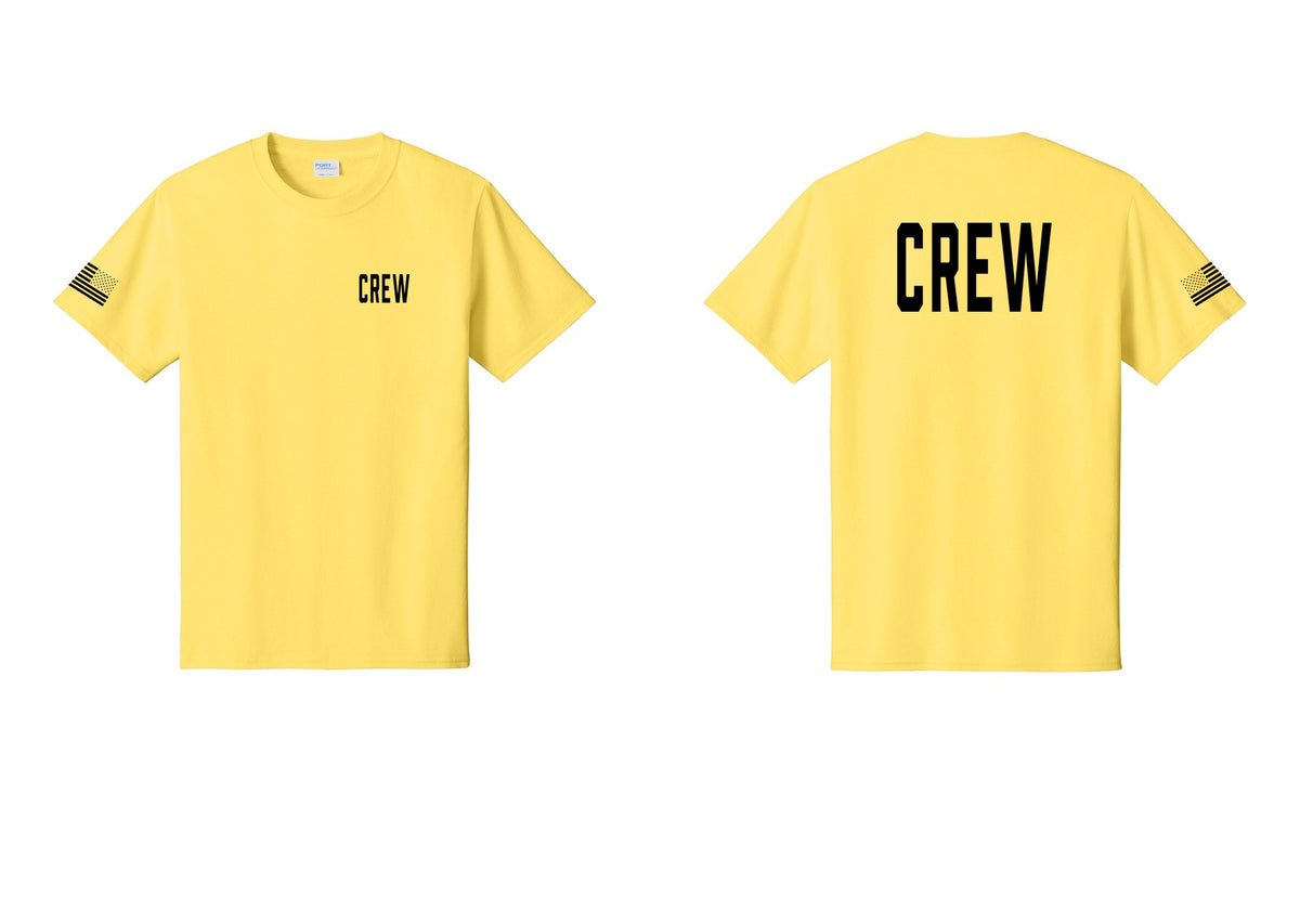 NYC Factory Crew T-Shirt for Event Staff & Production Teams (Classic) - Chest + Back + US Flag Sleeve - Yellow