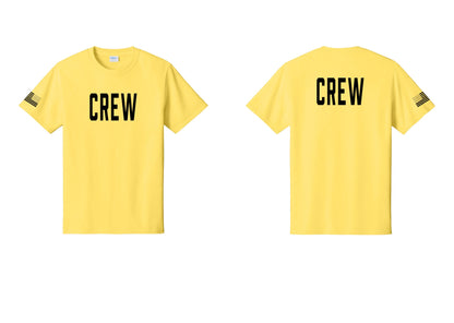 NYC Factory Crew T-Shirt, Condensed Lettering - Front + Back + US Flag Sleeve - Yellow