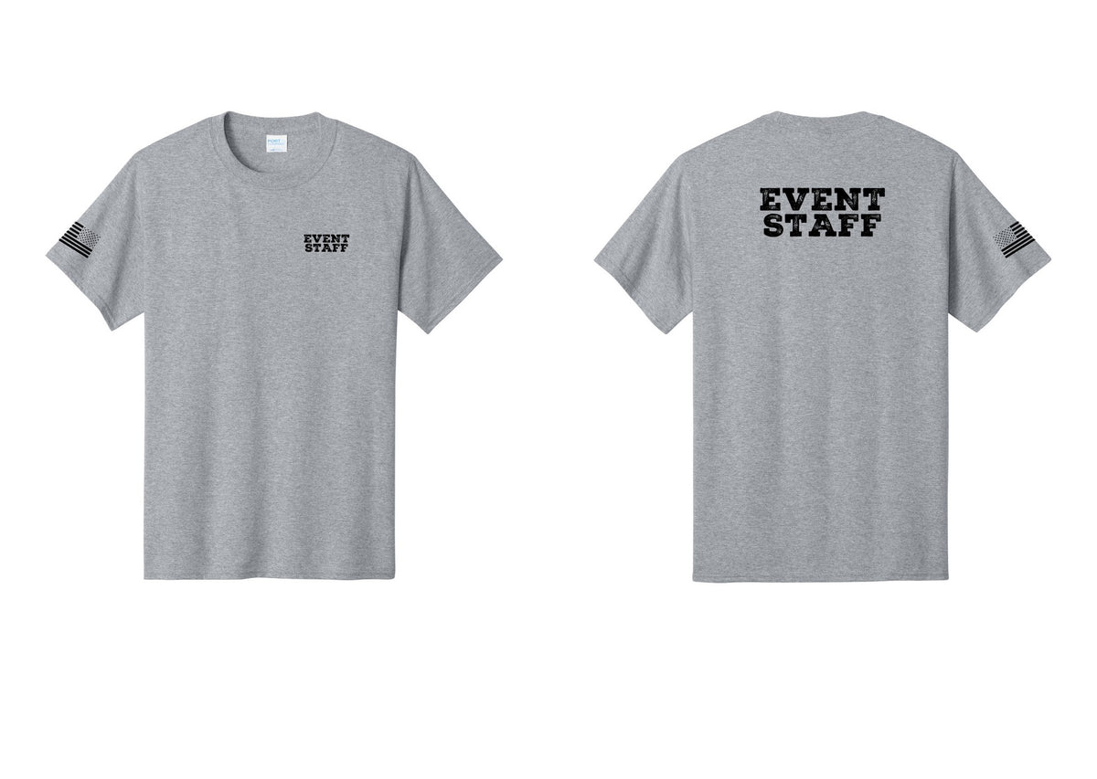 NYC Factory Event Staff T-Shirt - Chest + Back + US Flag Sleeve - Athletic Heather