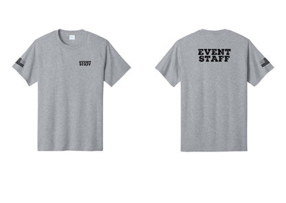 NYC Factory Event Staff T-Shirt - Chest + Back + US Flag Sleeve - Athletic Heather