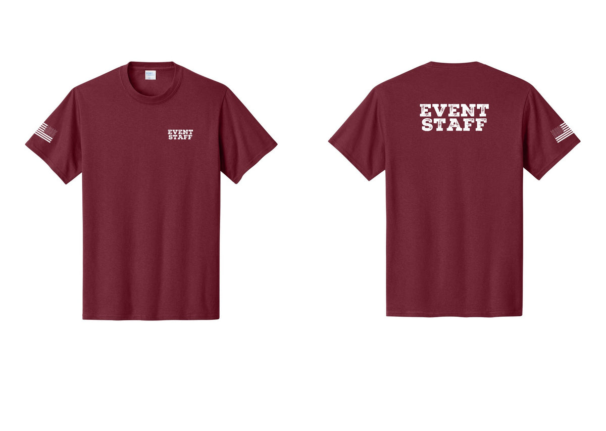 NYC Factory Event Staff T-Shirt - Chest + Back + US Flag Sleeve - Cardinal