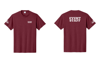 NYC Factory Event Staff T-Shirt - Chest + Back + US Flag Sleeve - Cardinal