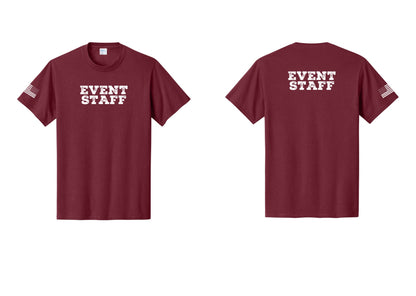 NYC Factory Event Staff T-Shirt - Front + Back + US Flag Sleeve - Cardinal