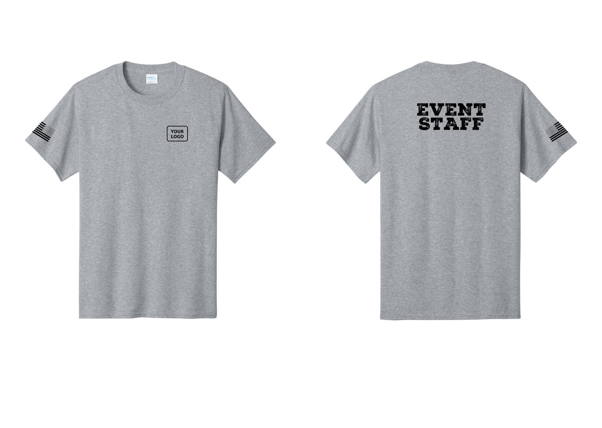 NYC Factory Custom Logo Event Staff T-Shirt - Your Logo + Back + US Flag Sleeve - Athletic Heather