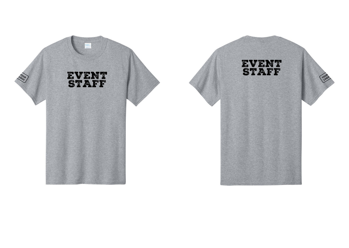 NYC Factory Custom Logo Event Staff T-Shirt - Front + Back + Your Logo Sleeve - Athletic Heather