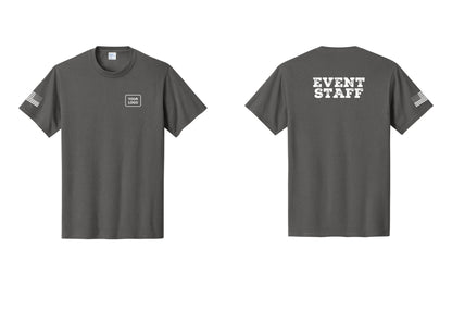 NYC Factory Custom Logo Event Staff T-Shirt - Your Logo + Back + US Flag Sleeve - Charcoal