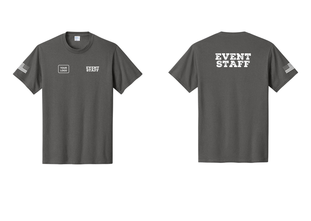 NYC Factory Custom Logo Event Staff T-Shirt - EVENT STAFF + Your Logo + Back + US Flag Sleeve - Charcoal