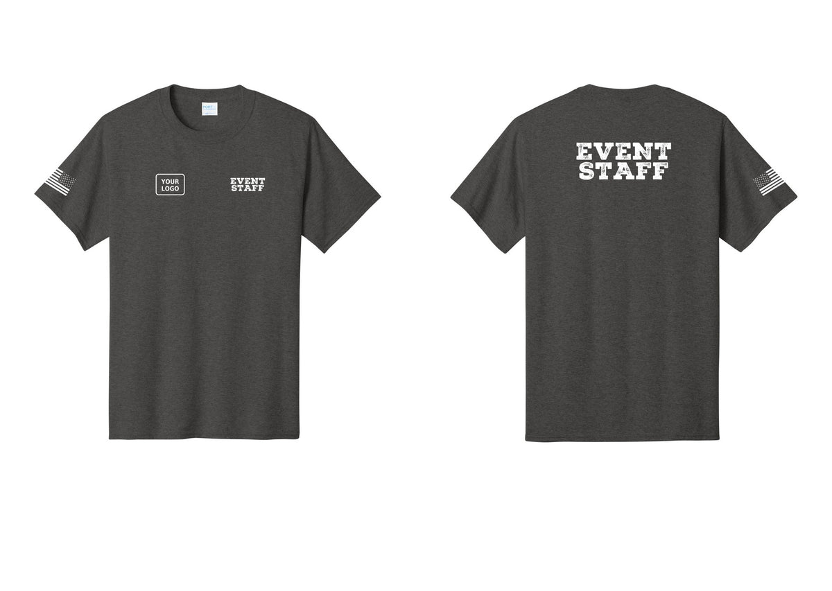 NYC Factory Custom Logo Event Staff T-Shirt - EVENT STAFF + Your Logo + Back + US Flag Sleeve - Dark Heather Grey