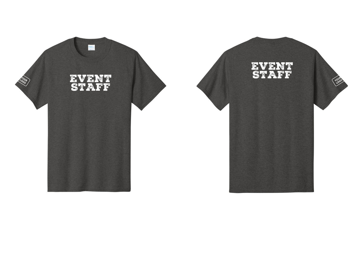 NYC Factory Custom Logo Event Staff T-Shirt - Front + Back + Your Logo Sleeve - Dark Heather Grey