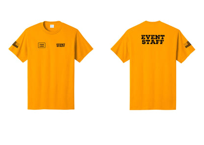 NYC Factory Custom Logo Event Staff T-Shirt - EVENT STAFF + Your Logo + Back + US Flag Sleeve - Gold