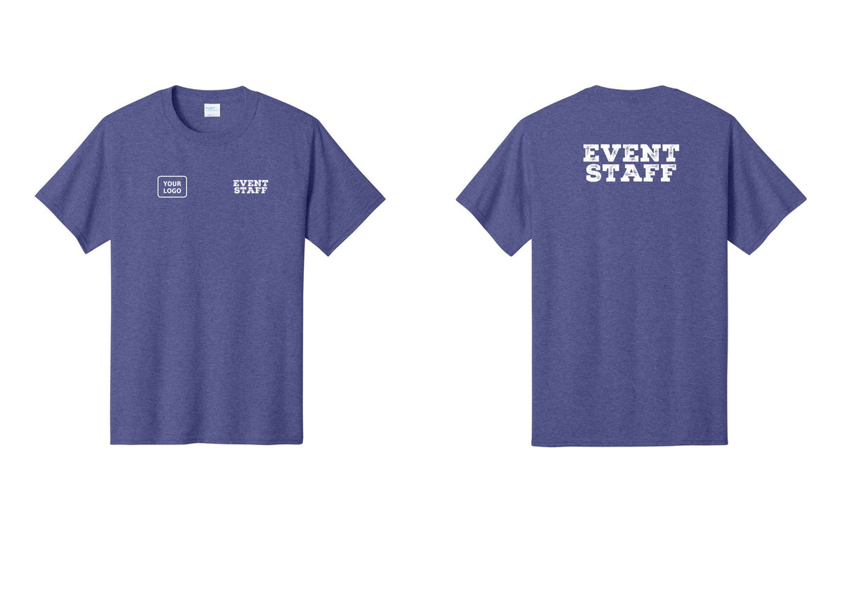NYC Factory Custom Logo Event Staff T-Shirt - EVENT STAFF + Your Logo + Back - Heather Purple