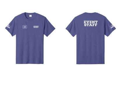 NYC Factory Custom Logo Event Staff T-Shirt - EVENT STAFF + Your Logo + Back + US Flag Sleeve - Heather Purple