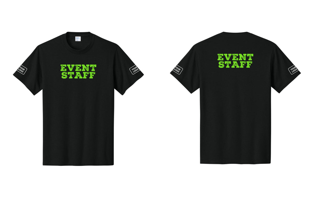 NYC Factory Custom Logo Event Staff T-Shirt - Front + Back + Your Logo Sleeves - Black / Neon