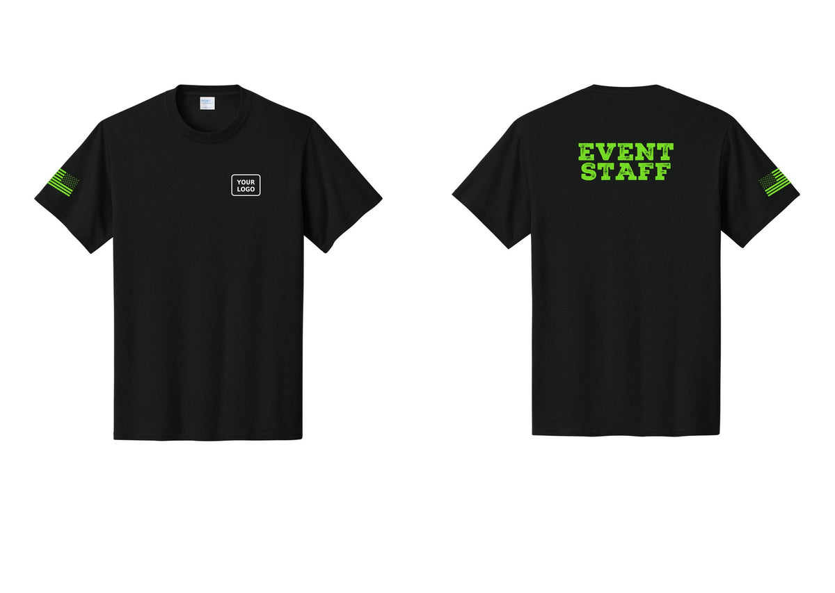 NYC Factory Custom Logo Event Staff T-Shirt - Your Logo + Back + US Flag Sleeve - Black / Neon