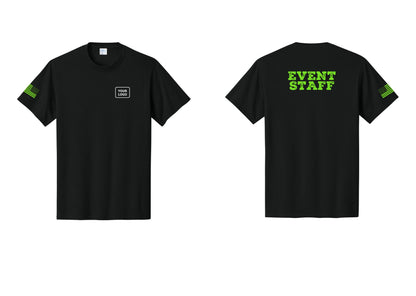 NYC Factory Custom Logo Event Staff T-Shirt - Your Logo + Back + US Flag Sleeve - Black / Neon