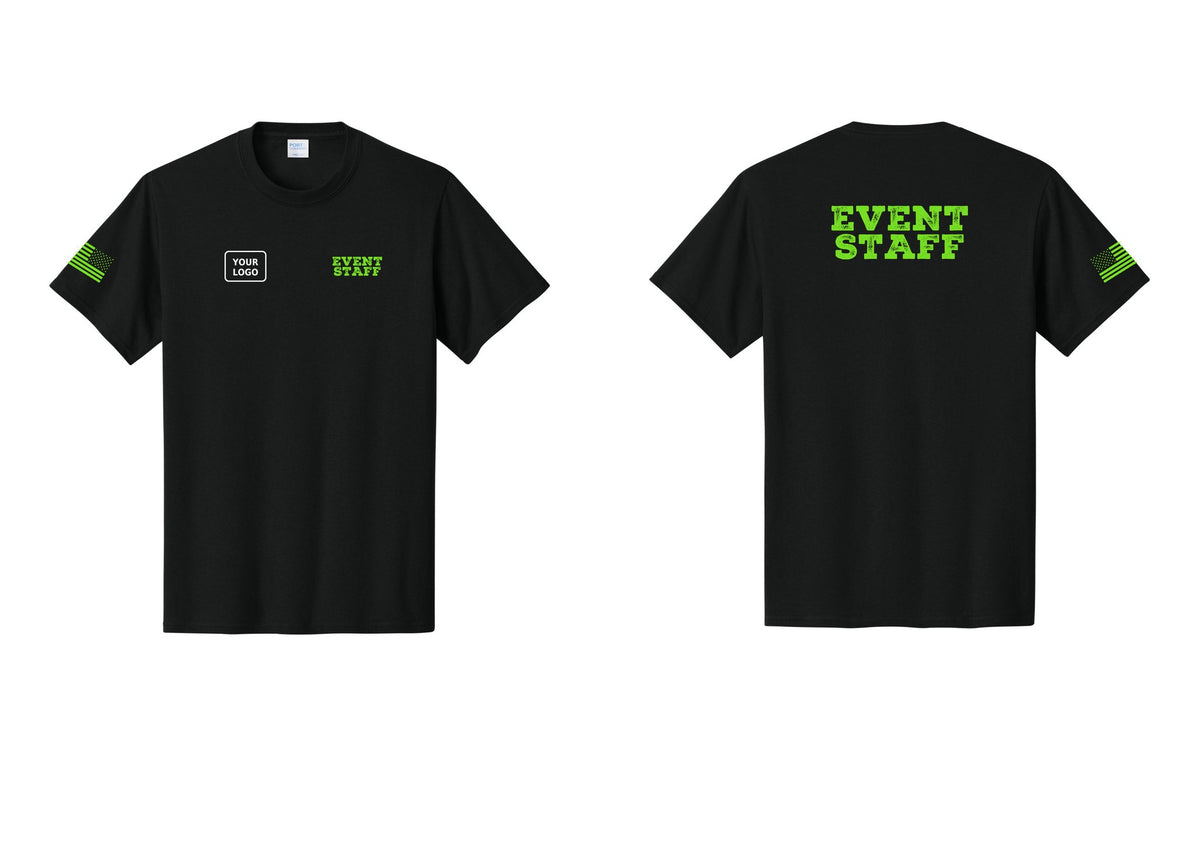 NYC Factory Custom Logo Event Staff T-Shirt - EVENT STAFF + Your Logo + Back + US Flag Sleeve - Black / Neon