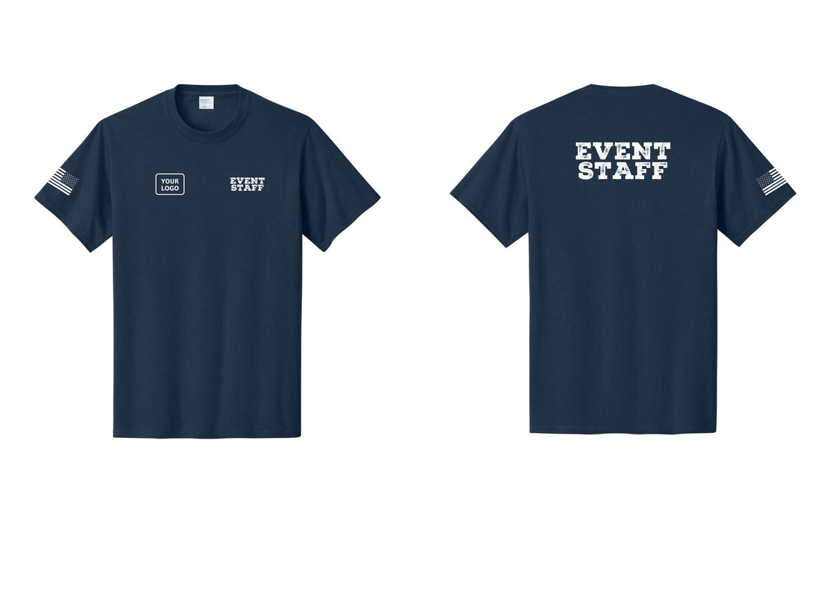 NYC Factory Custom Logo Event Staff T-Shirt - EVENT STAFF + Your Logo + Back + US Flag Sleeve - Navy