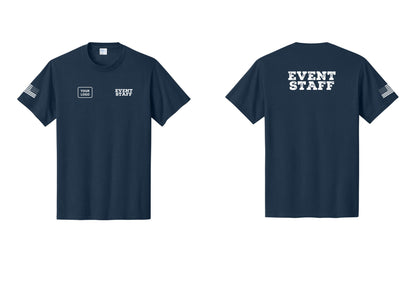 NYC Factory Custom Logo Event Staff T-Shirt - EVENT STAFF + Your Logo + Back + US Flag Sleeve - Navy
